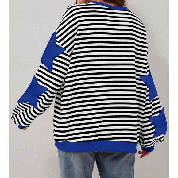 Women Oversized Cotton Blend Striped Star Crew Neck Pullover Sweater - Picture 7 of 7
